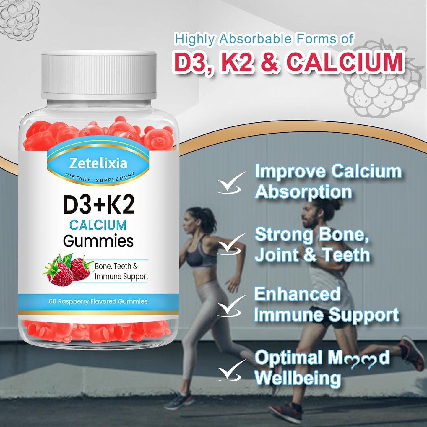 Zetelixia Raspberry Flavor Vegan Vitamin D3 K2 Gummies - 2000 IU D3, 120mcg K2 (MK7), 600mg Calcium - Supports Bone & Immune Health - Gluten Free - 60 Count