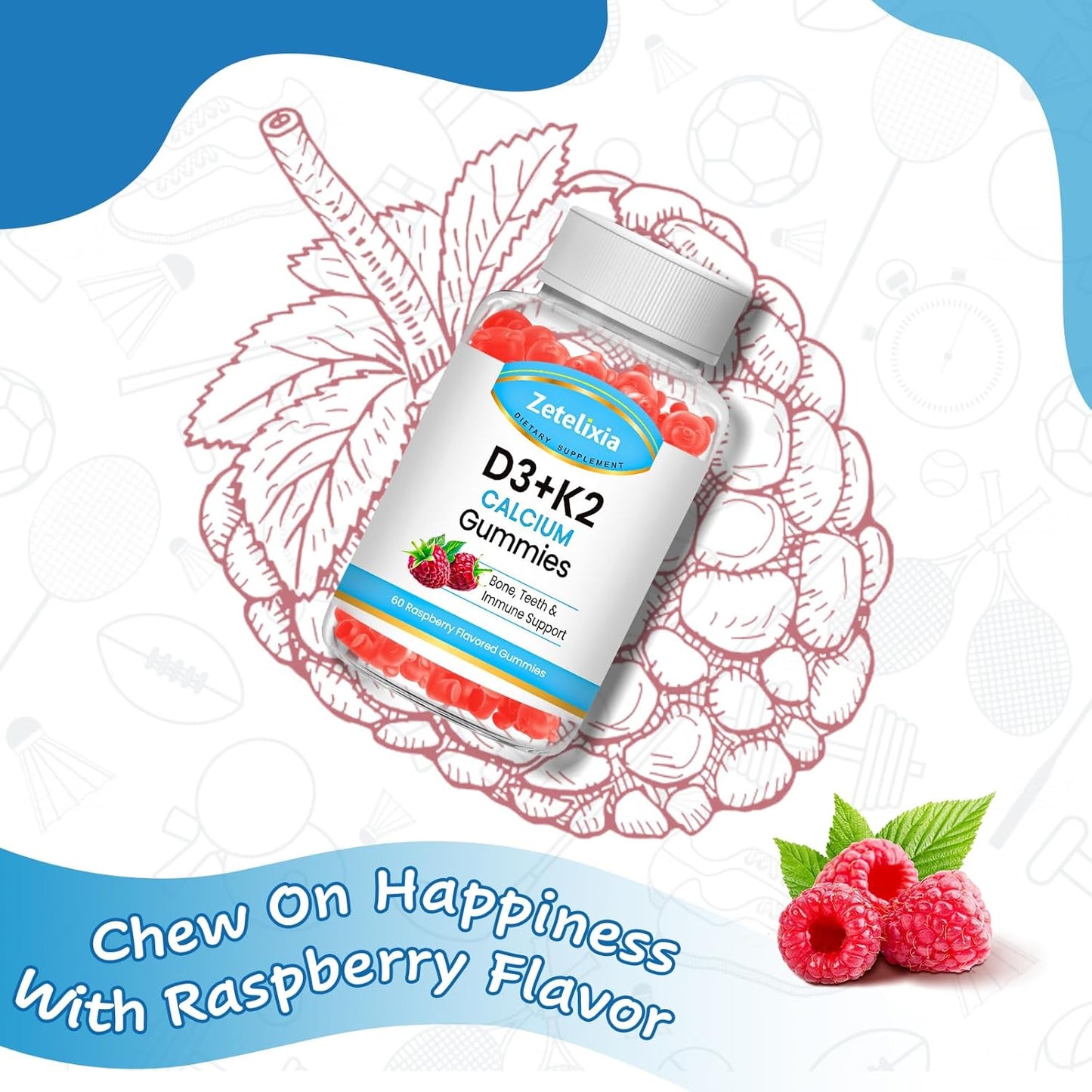 Zetelixia Raspberry Flavor Vegan Vitamin D3 K2 Gummies - 2000 IU D3, 120mcg K2 (MK7), 600mg Calcium - Supports Bone & Immune Health - Gluten Free - 60 Count