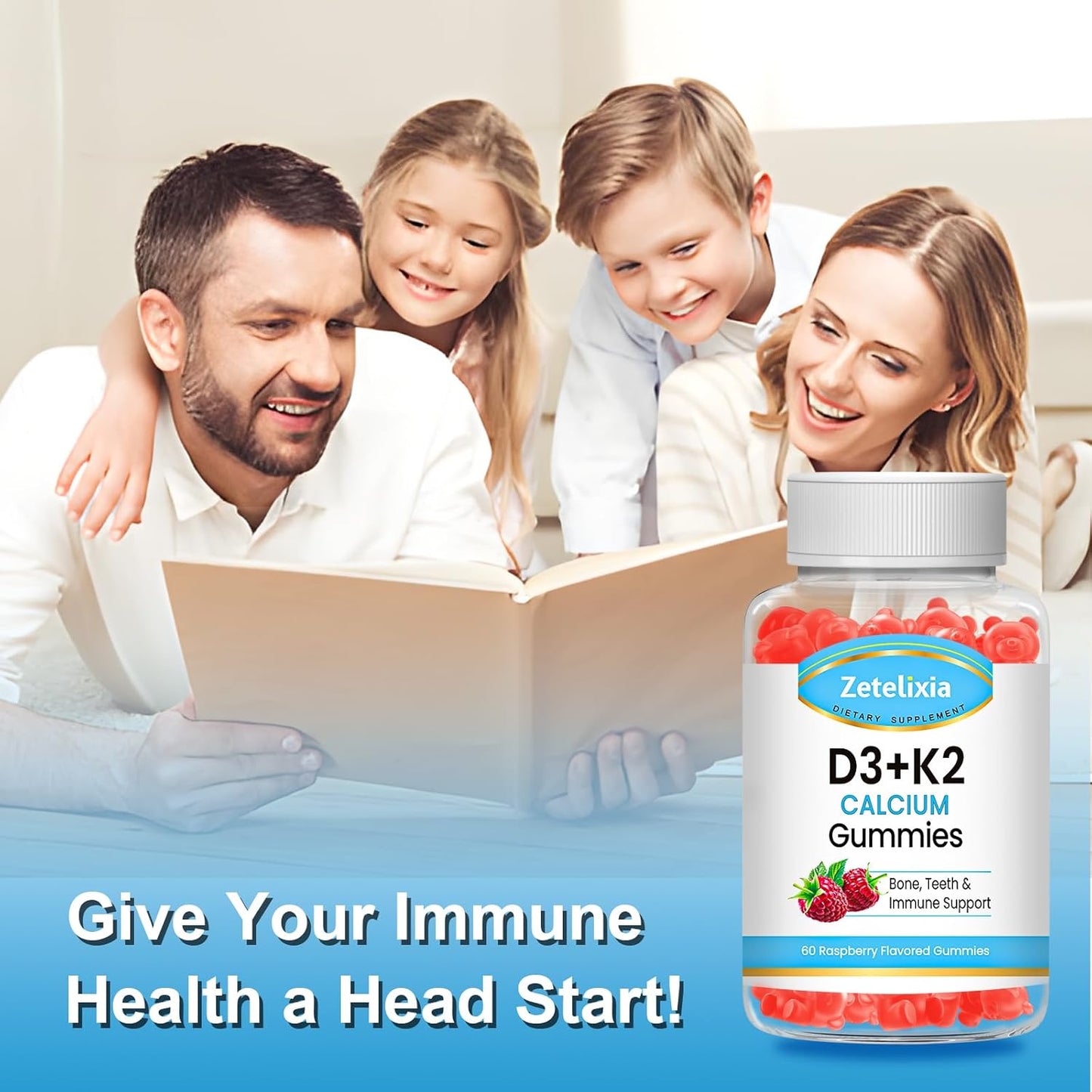 Zetelixia Raspberry Flavor Vegan Vitamin D3 K2 Gummies - 2000 IU D3, 120mcg K2 (MK7), 600mg Calcium - Supports Bone & Immune Health - Gluten Free - 60 Count