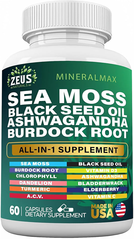 Zeus Naturals Immune Support Supplement with Sea Moss, Black Seed Oil, Burdock Root, Bladderwrack, Turmeric, Ashwagandha, Elderberry, Vitamin C, Vitamin D3, Manuka, and ACV - 60 Capsules