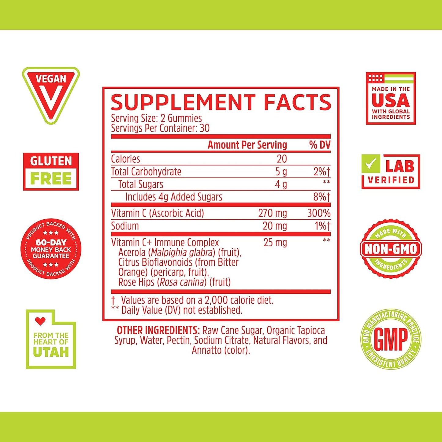 Zhou Nutrition Max Strength Vitamin C+ Immune Support Gummies with Rose Hips & Bioflavonoids - 60 Count, Non-GMO, Vegan & Gluten Free