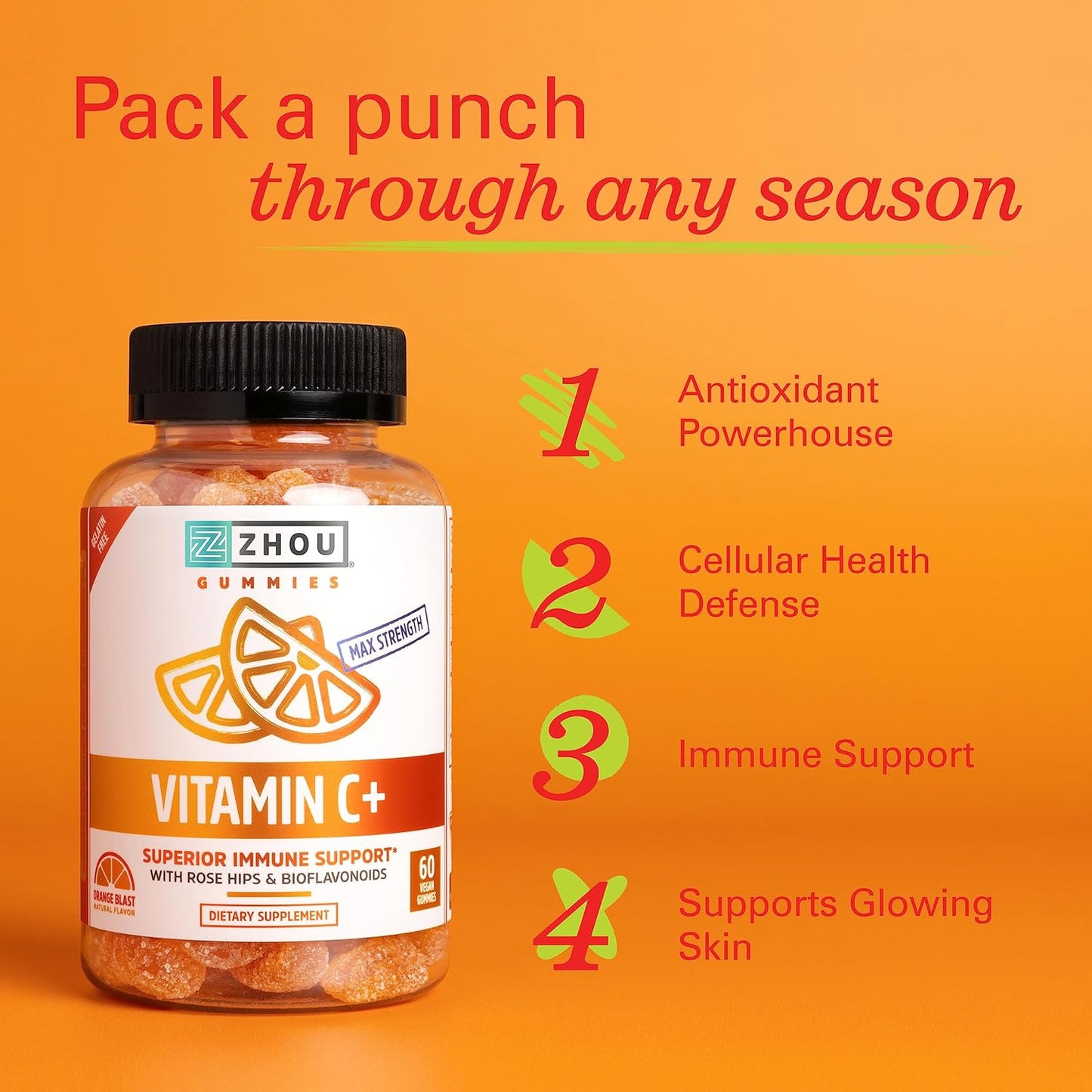 Zhou Nutrition Max Strength Vitamin C+ Immune Support Gummies with Rose Hips & Bioflavonoids - 60 Count, Non-GMO, Vegan & Gluten Free