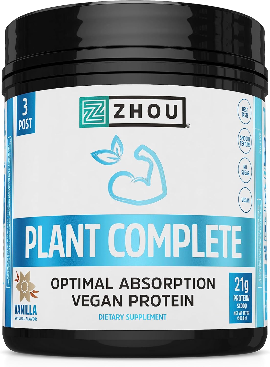 Zhou Nutrition Vegan Protein Powder - Vanilla, High Digestibility, Full Amino Acid Profile, Dairy/Soy/Gluten/Sugar Free, 21g Protein, 16 Servings