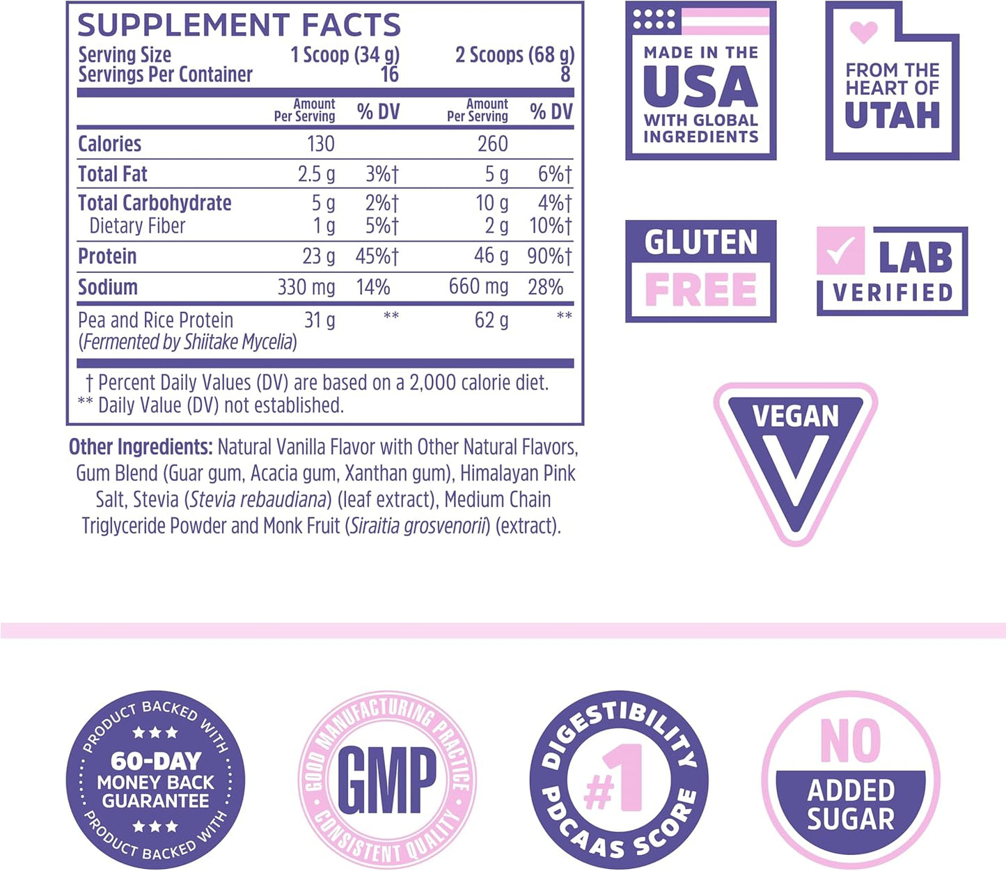 Zhou Nutrition Vegan Protein Powder - Vanilla, High Digestibility, Full Amino Acid Profile, Dairy/Soy/Gluten/Sugar Free, 21g Protein, 16 Servings