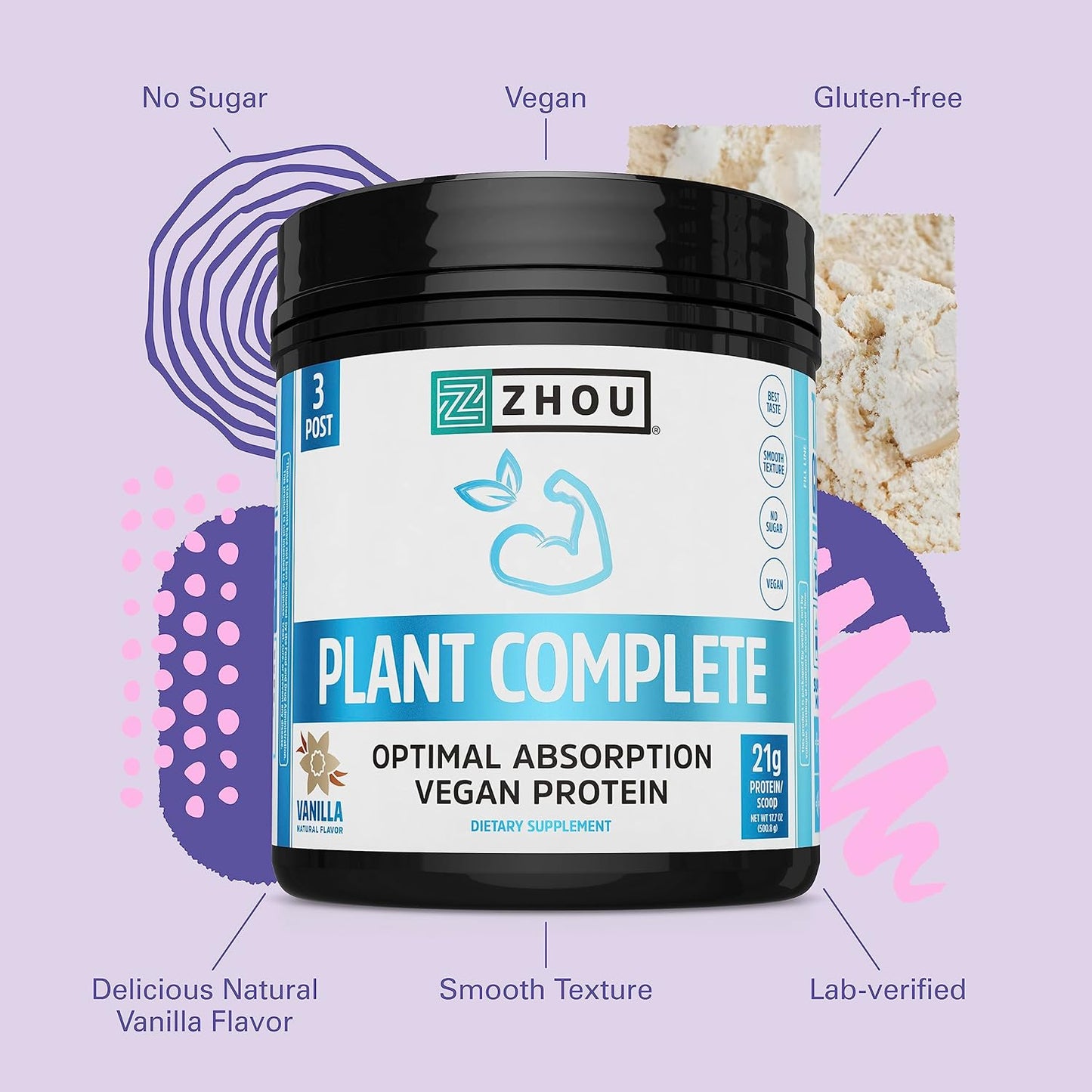 Zhou Nutrition Vegan Protein Powder - Vanilla, High Digestibility, Full Amino Acid Profile, Dairy/Soy/Gluten/Sugar Free, 21g Protein, 16 Servings