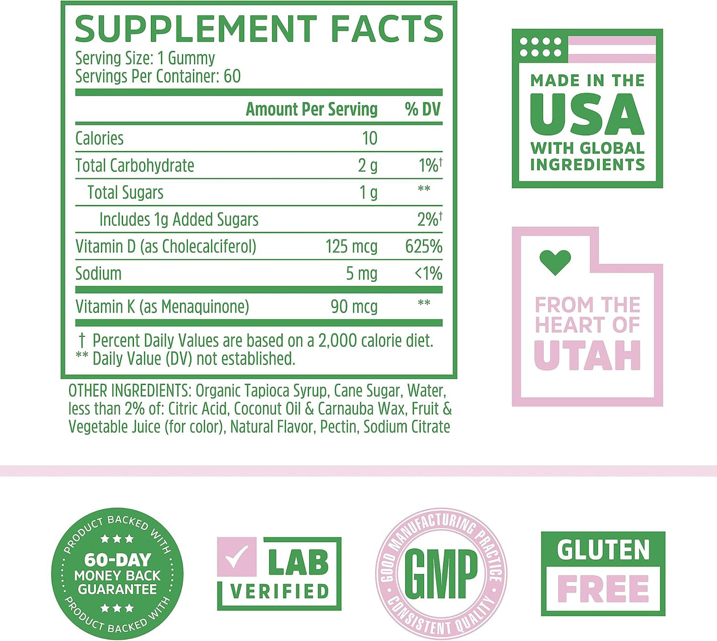 Zhou Nutrition Vitamin D3 K2 Gummies, 5000 IU & 90 mcg, Bone & Heart Health Formula, 2 in 1 Immune Support, Strawberry, 60 Count - BoostGo Australia