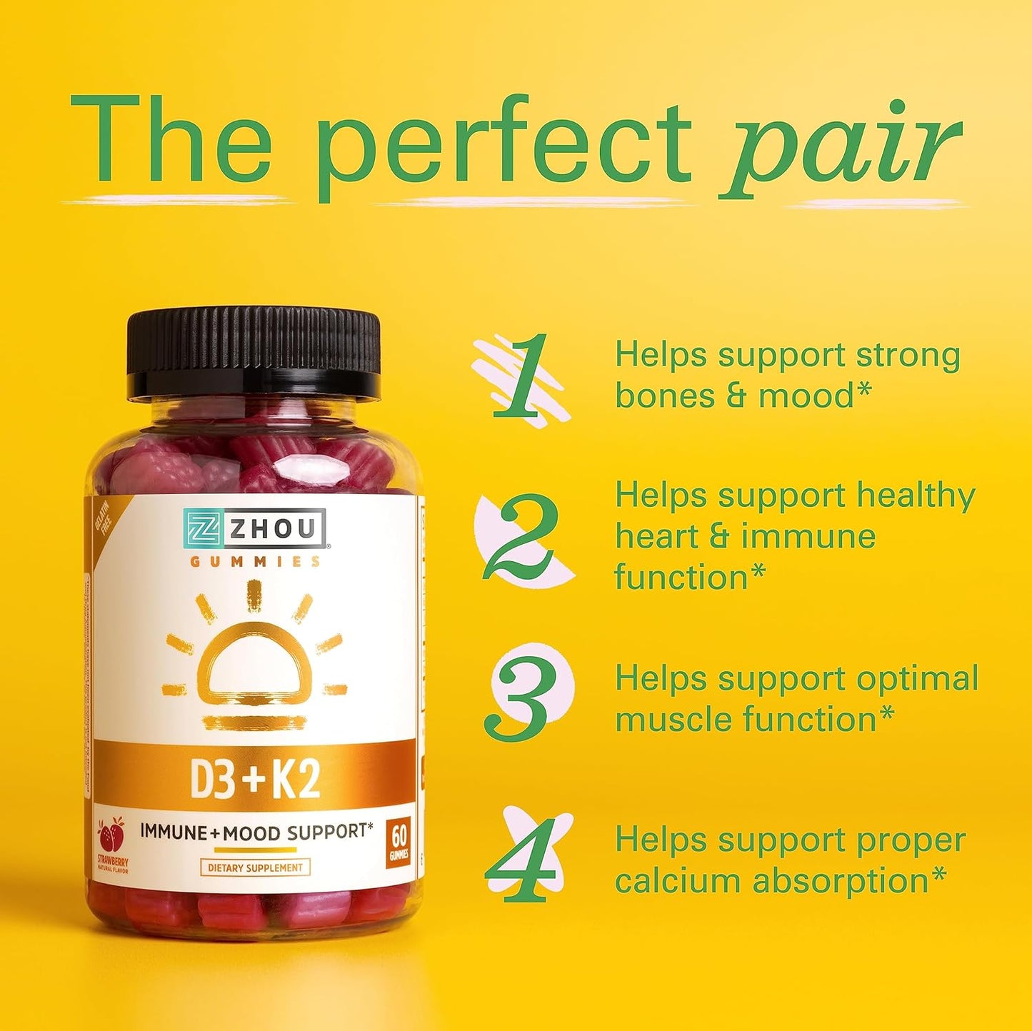 Zhou Nutrition Vitamin D3 K2 Gummies, 5000 IU & 90 mcg, Bone & Heart Health Formula, 2 in 1 Immune Support, Strawberry, 60 Count - BoostGo Australia