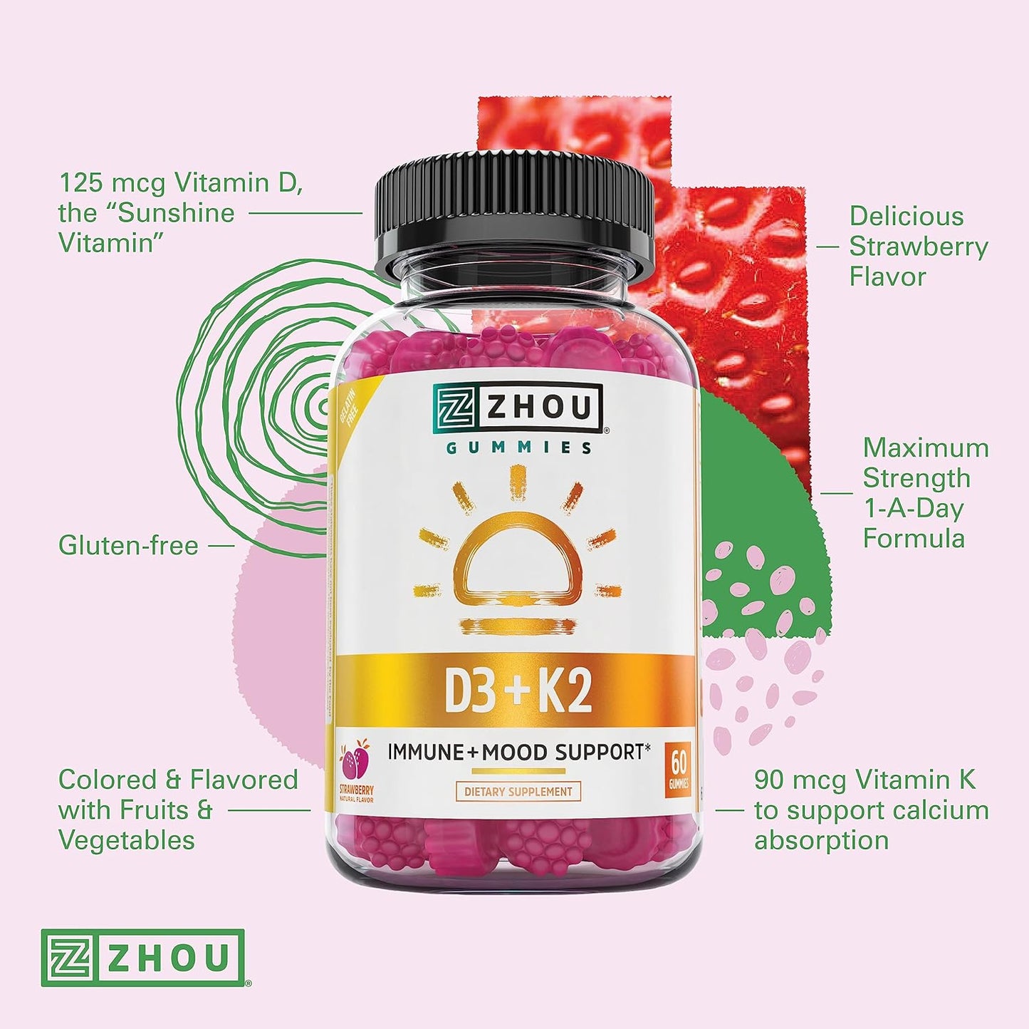 Zhou Nutrition Vitamin D3 K2 Gummies, 5000 IU & 90 mcg, Bone & Heart Health Formula, 2 in 1 Immune Support, Strawberry, 60 Count - BoostGo Australia