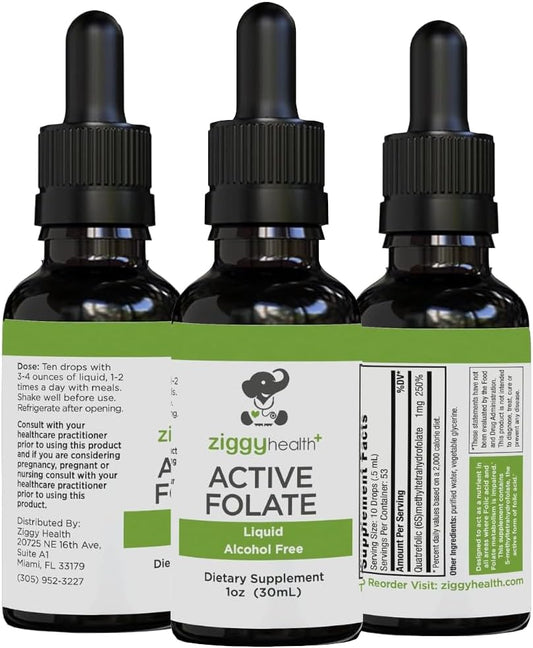 Ziggy Health Active Folate Liquid Extract Supplement - L-Methylfolate for Brain Health & Immune Support, Water Soluble B Complex - 1oz