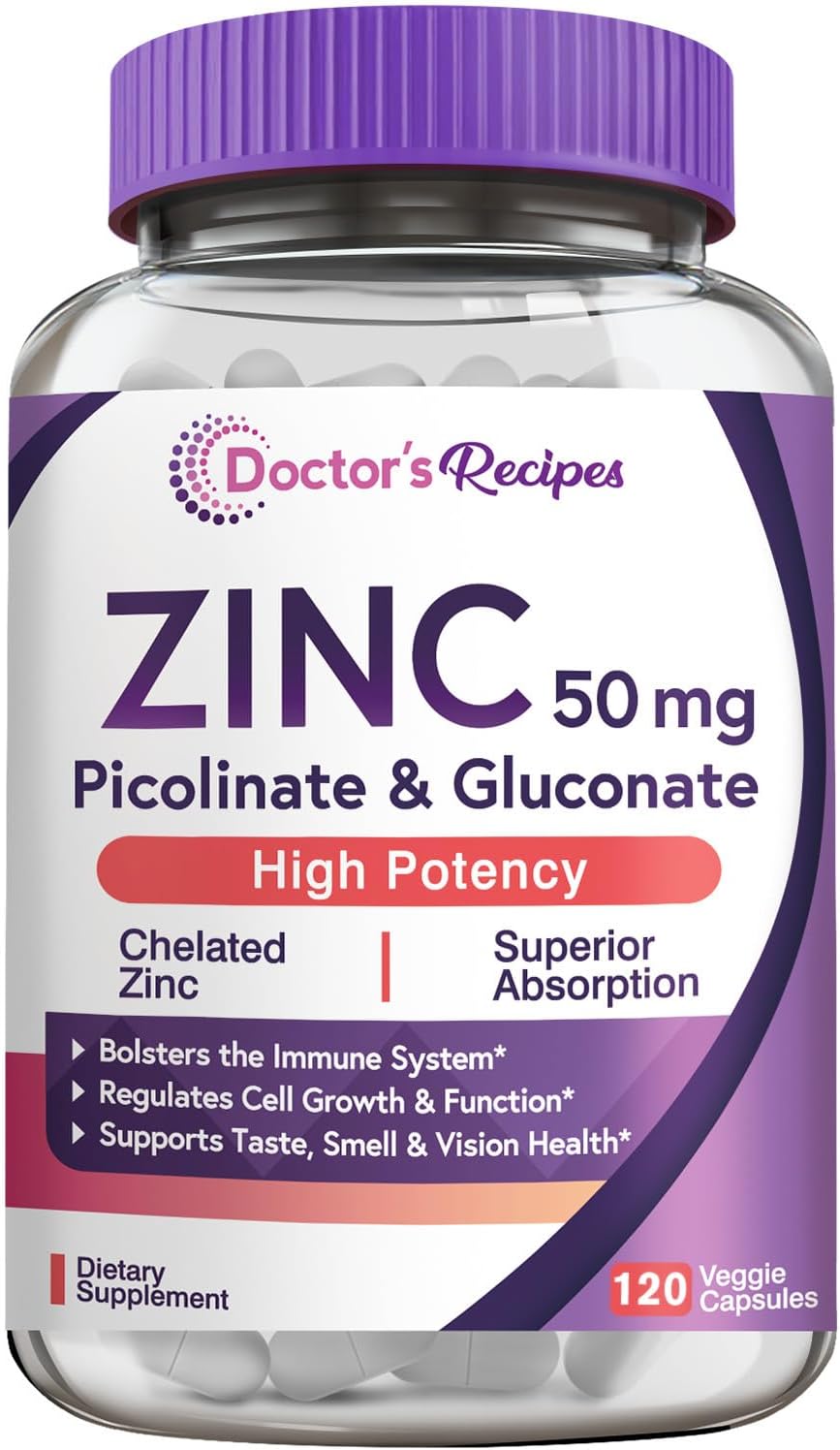 Zinc 50mg Capsules for Immune Defense & Cell Growth, Doctor’s Recipes, Non-GMO, 120 Veggie Capsules