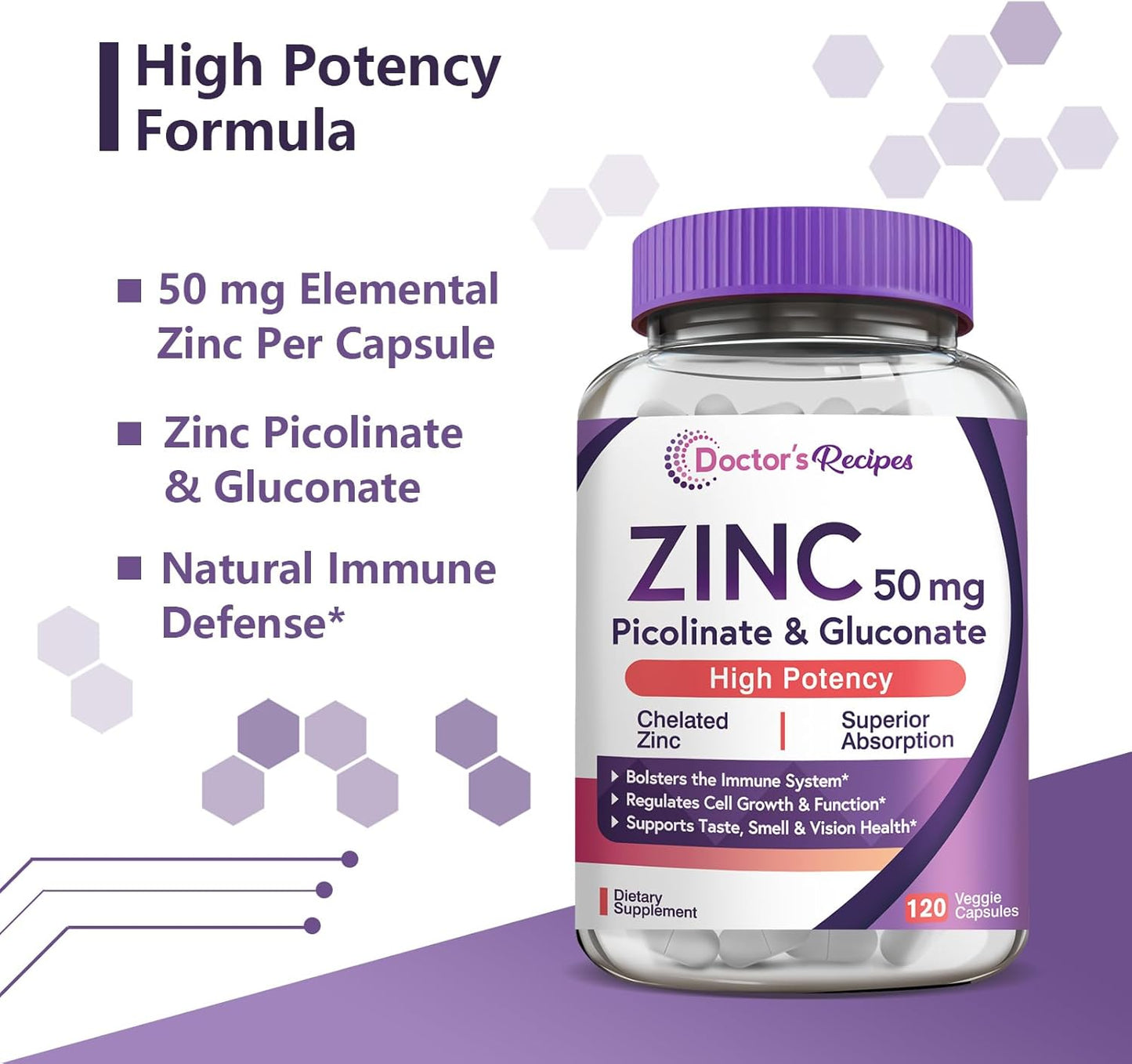 Zinc 50mg Capsules for Immune Defense & Cell Growth, Doctor’s Recipes, Non-GMO, 120 Veggie Capsules
