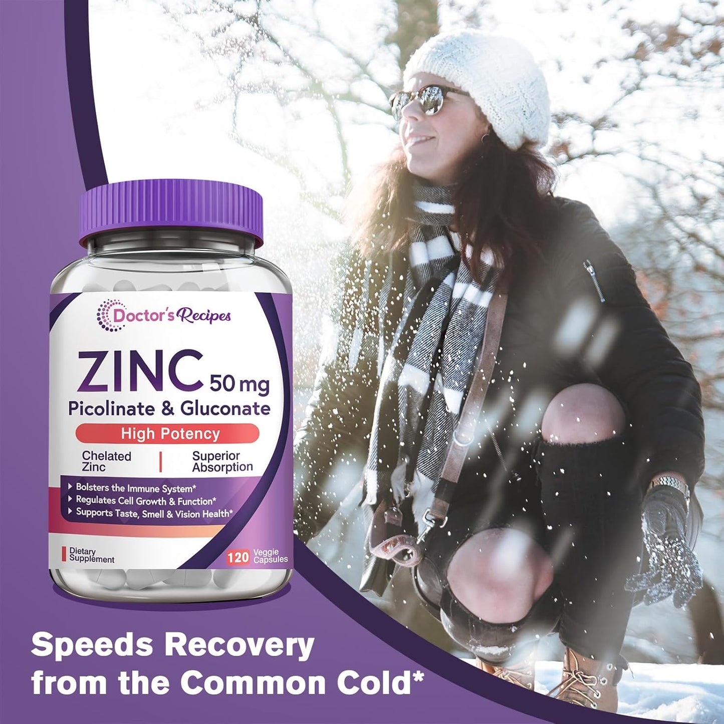 Zinc 50mg Capsules for Immune Defense & Cell Growth, Doctor’s Recipes, Non-GMO, 120 Veggie Capsules