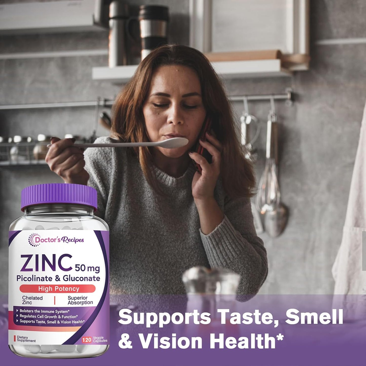 Zinc 50mg Capsules for Immune Defense & Cell Growth, Doctor’s Recipes, Non-GMO, 120 Veggie Capsules