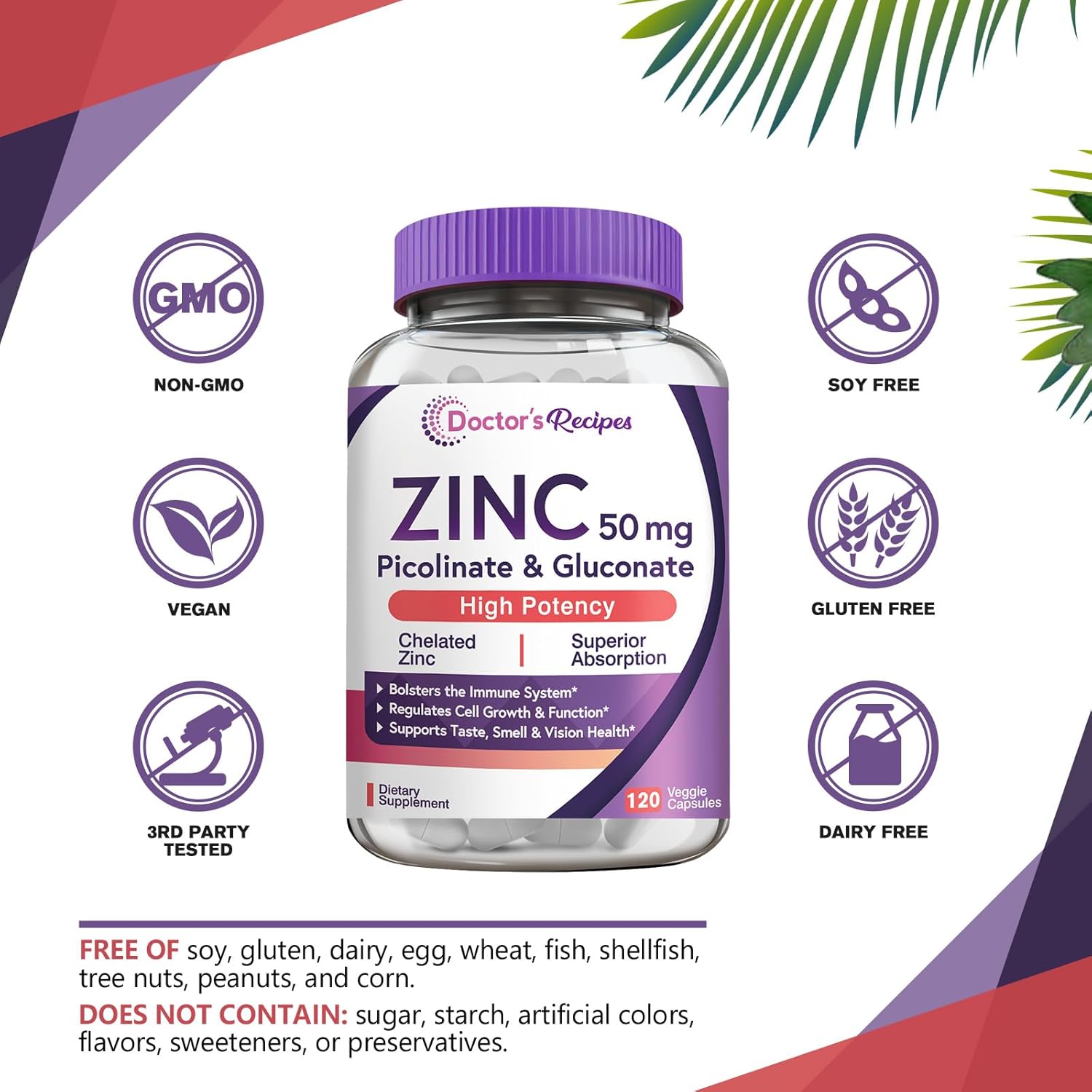 Zinc 50mg Capsules for Immune Defense & Cell Growth, Doctor’s Recipes, Non-GMO, 120 Veggie Capsules