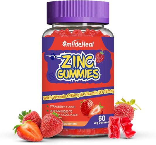 Zinc 50mg Gummies with Vitamin C & D3 - Non-GMO, Gluten Free, Strawberry Flavor (60 Count)