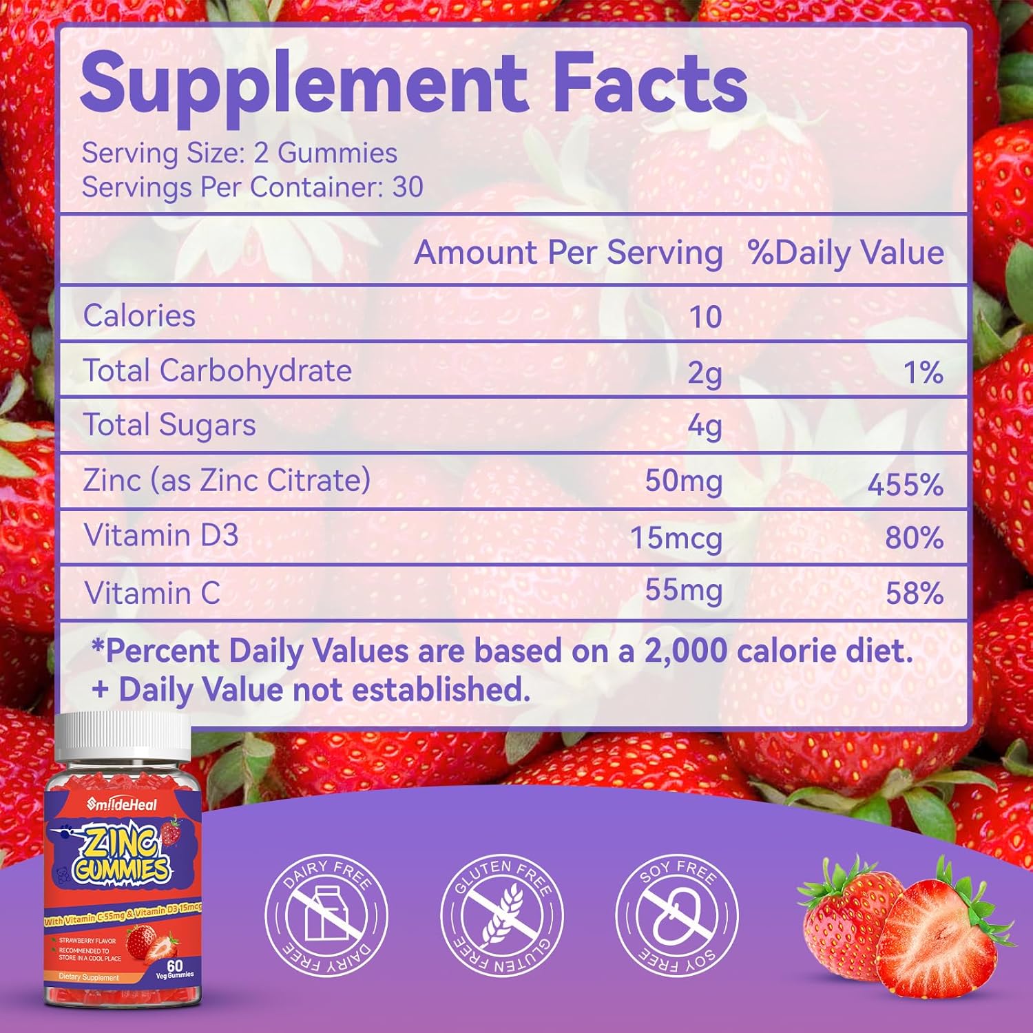 Zinc 50mg Gummies with Vitamin C & D3 - Non-GMO, Gluten Free, Strawberry Flavor (60 Count)