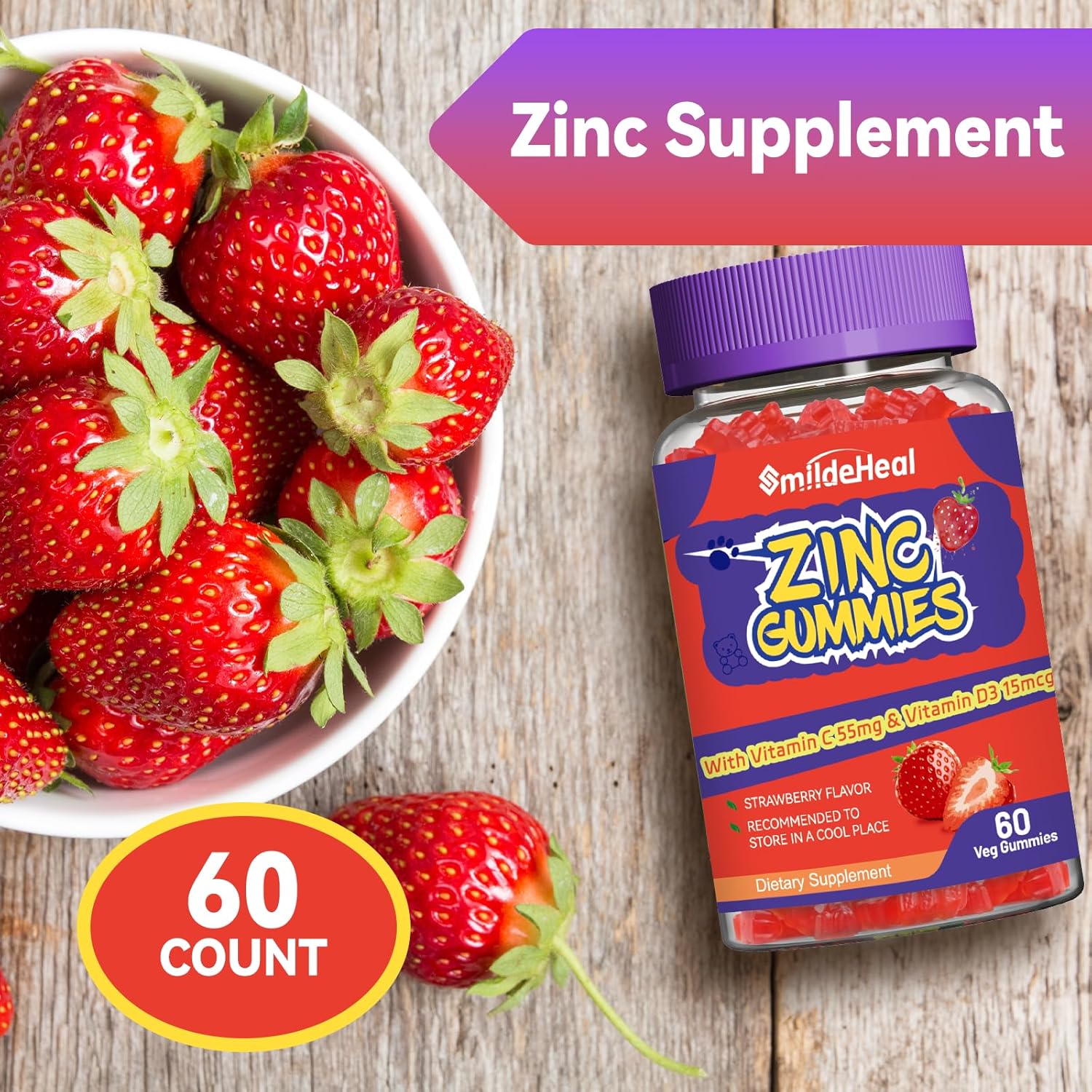 Zinc 50mg Gummies with Vitamin C & D3 - Non-GMO, Gluten Free, Strawberry Flavor (60 Count)