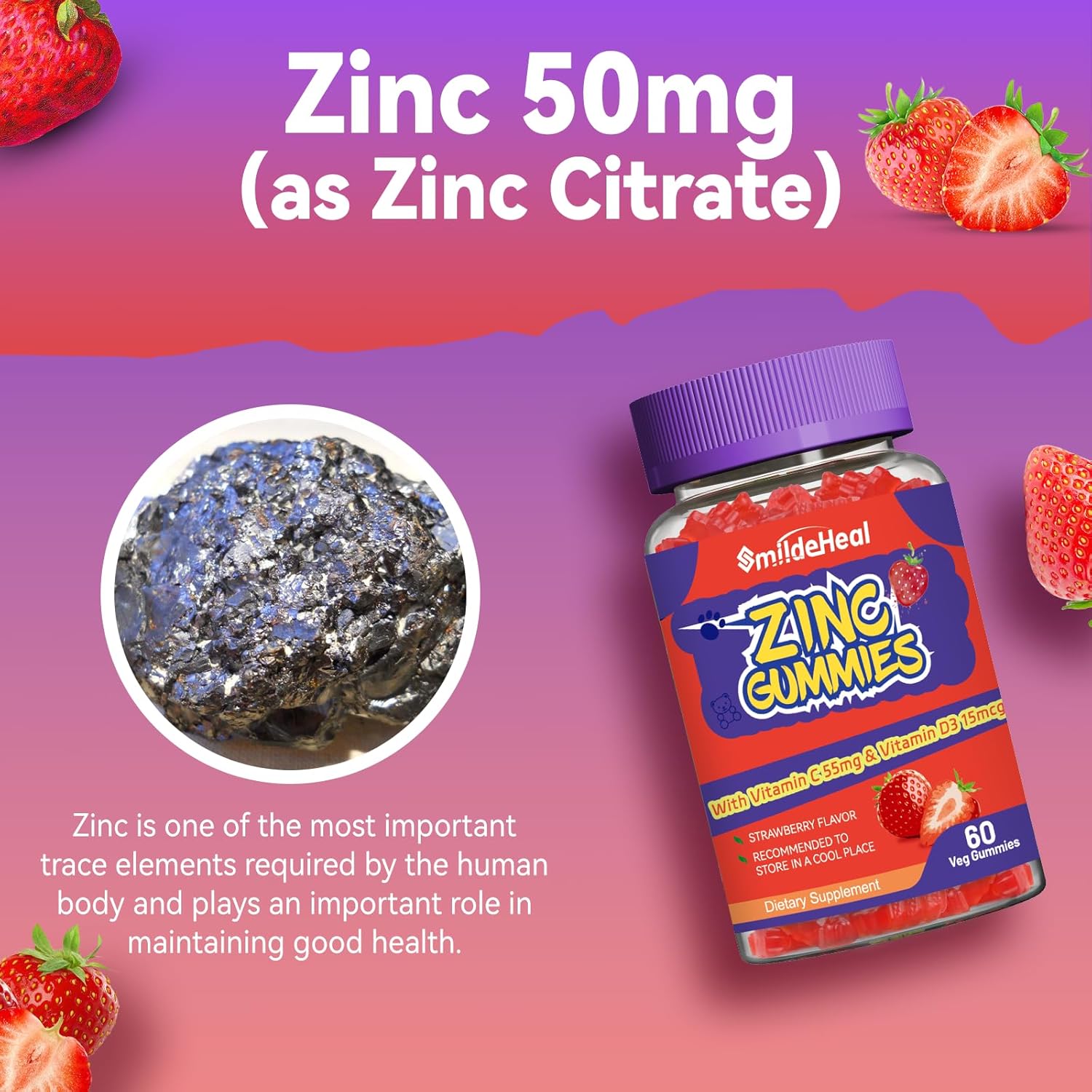 Zinc 50mg Gummies with Vitamin C & D3 - Non-GMO, Gluten Free, Strawberry Flavor (60 Count)