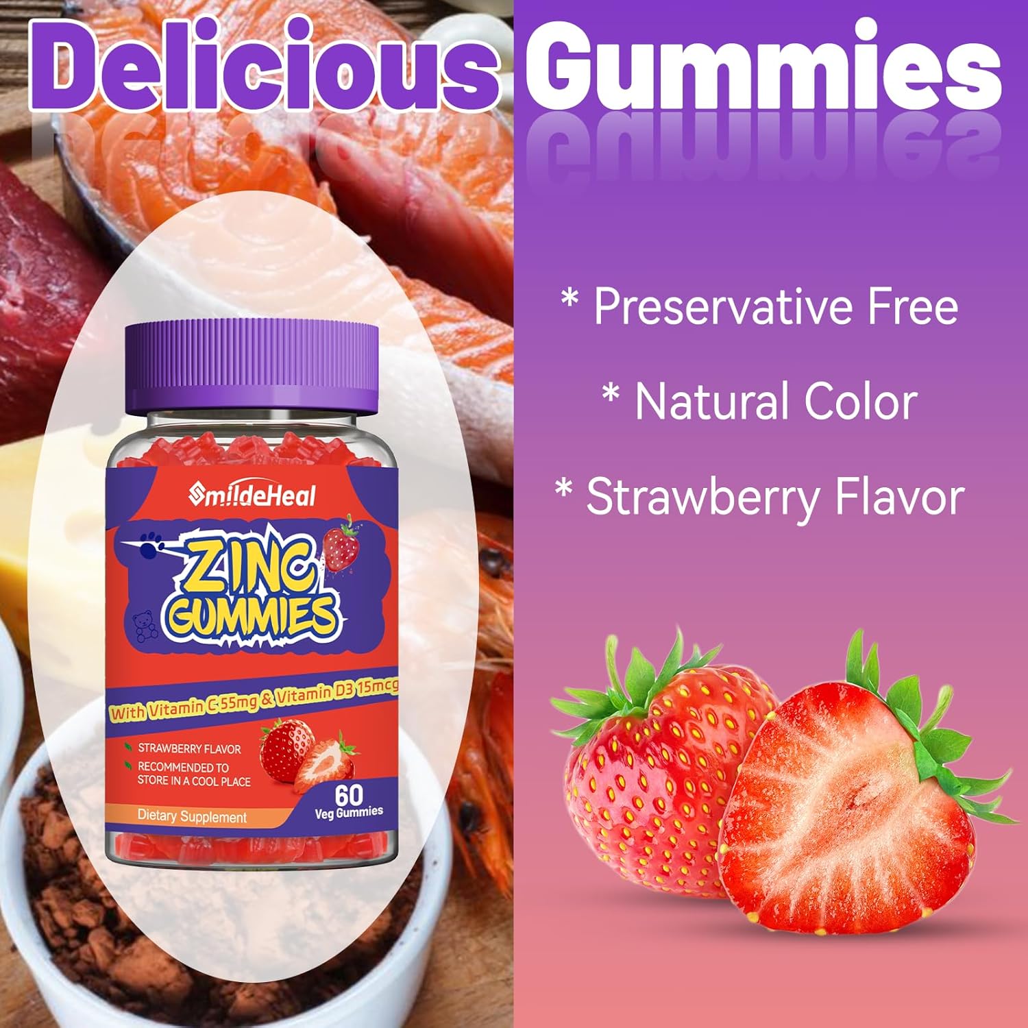 Zinc 50mg Gummies with Vitamin C & D3 - Non-GMO, Gluten Free, Strawberry Flavor (60 Count)