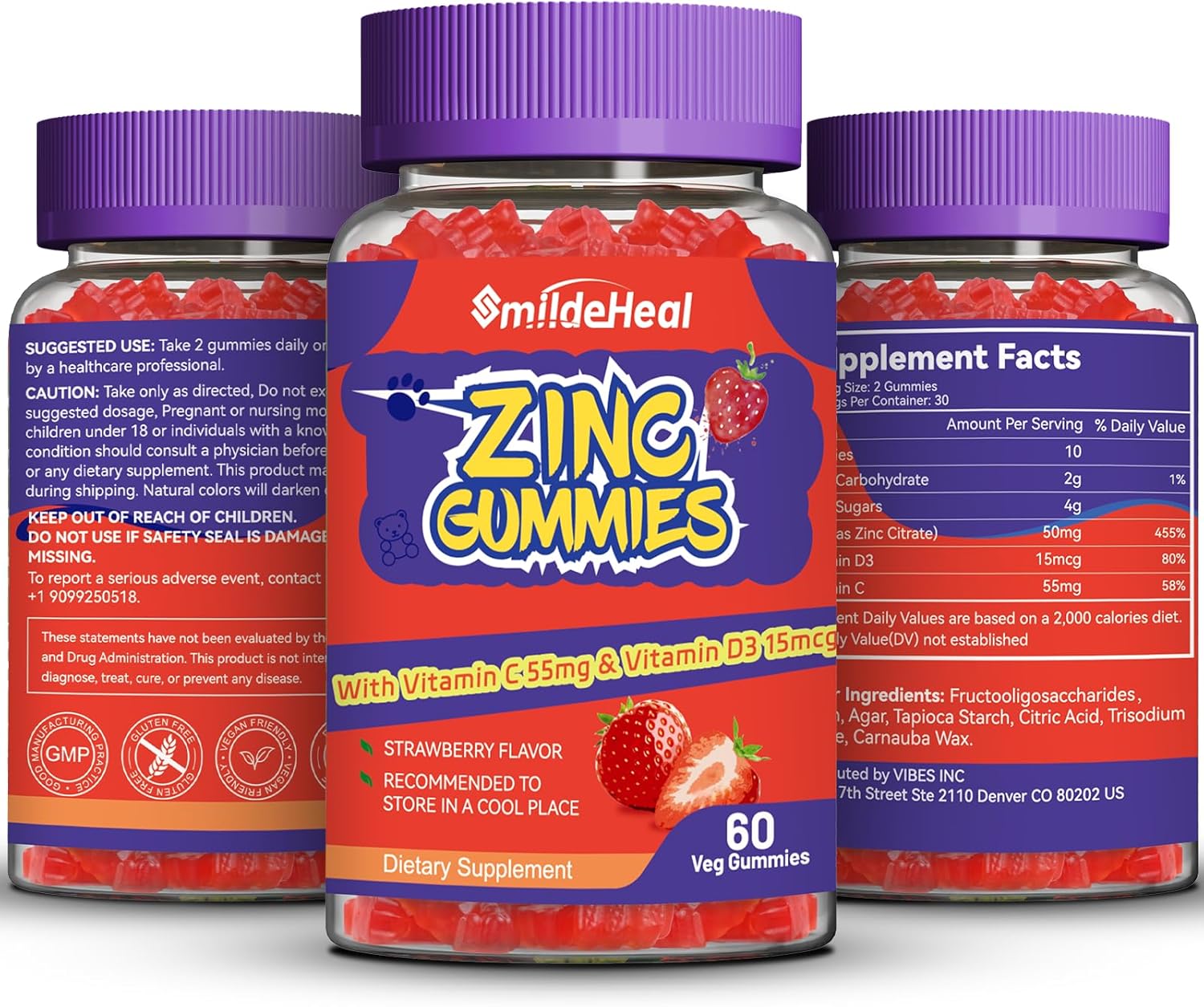 Zinc 50mg Gummies with Vitamin C & D3 - Non-GMO, Gluten Free, Strawberry Flavor (60 Count)