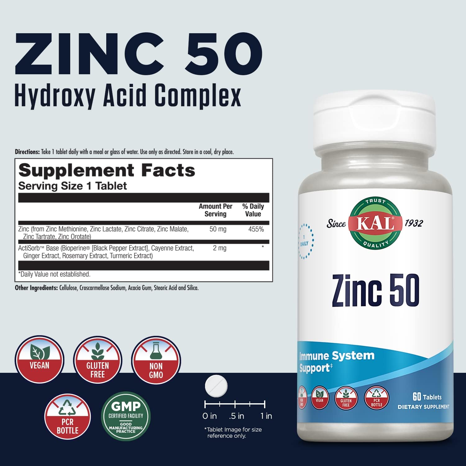 Zinc 50mg Hydroxy Acid Complex Supplement for Metabolism & Immune Support - Enhanced Absorption, Vegan & Non-GMO - 60 Tablets