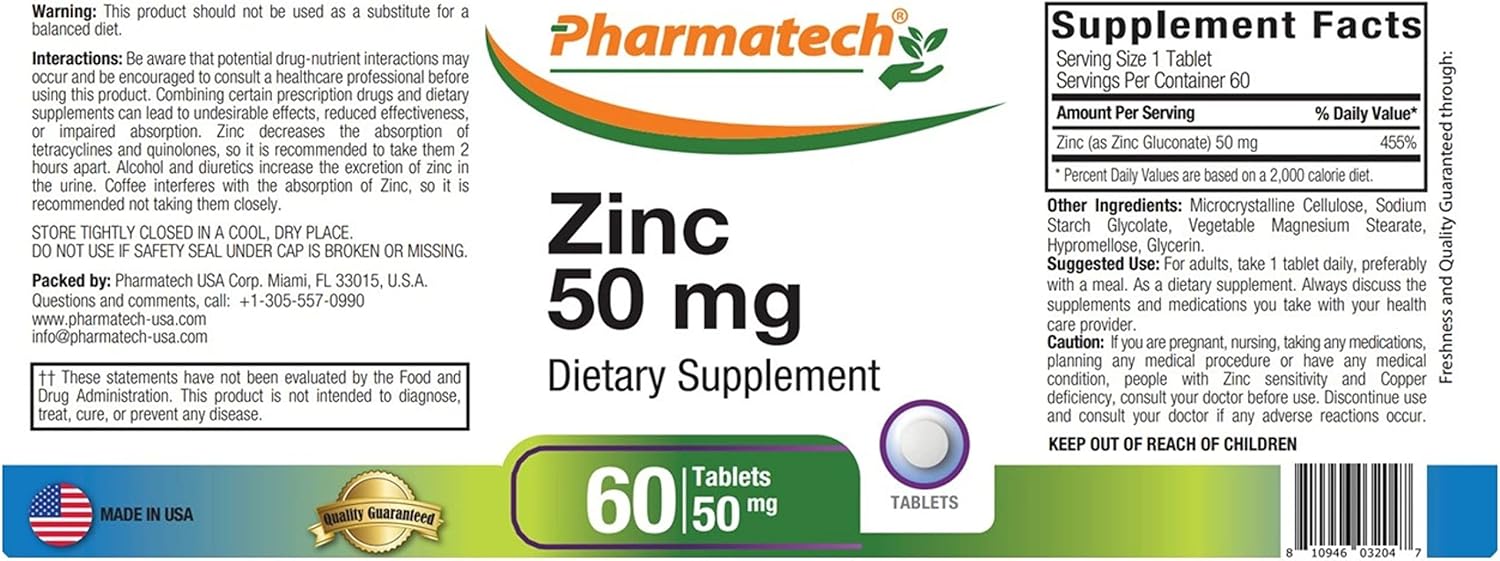 Zinc 50mg Immune Support Supplement, Chelated Gluconate Mineral Antioxidant for Men and Women, Acne Relief, Easy-to-Swallow Tablets, 60 Count