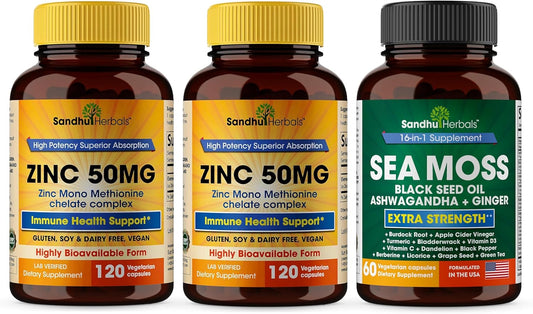 Zinc 50mg with Sea Moss, Black Seed Oil, Ashwagandha, Ginger, & Burdock Root Supplement for Men & Women, Made in USA by Sandhu Herbals