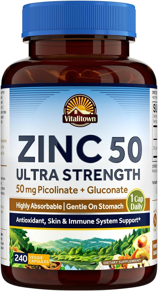 Zinc Chelated Supplement 50mg - 240 Veggie Capsules, Immune Support, Healthy Skin, Vegan & Non-GMO