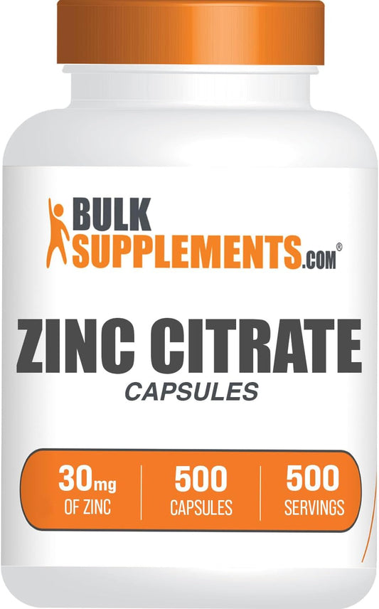 Zinc Citrate Capsules - 30mg Zinc Supplements for Immune Support - Gluten Free, 500 Capsules, 1 Capsule/Serving