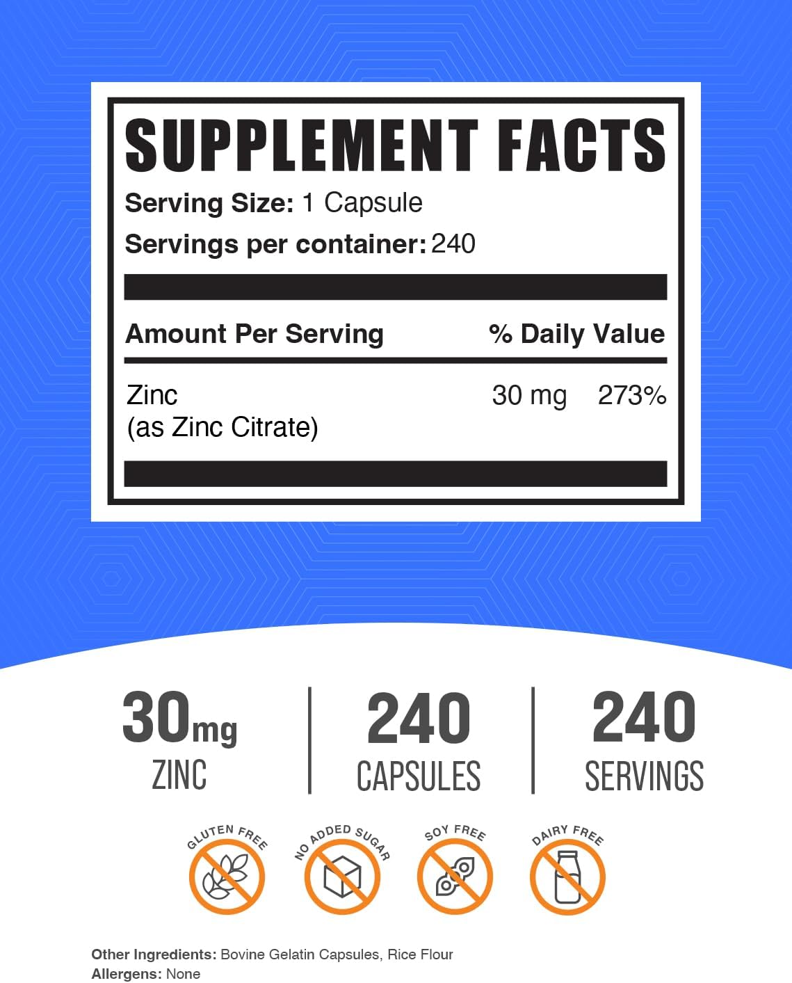 Zinc Citrate Capsules - 30mg Zinc Supplements for Immune Support - Gluten Free, 240 Capsules