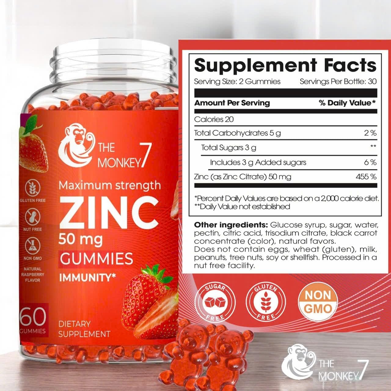 Zinc Citrate Gummies 50mg for Immune Support - Gluten Free, Vegan, Non-GMO - 2 Pack of Maximum Strength Zinc Gummies