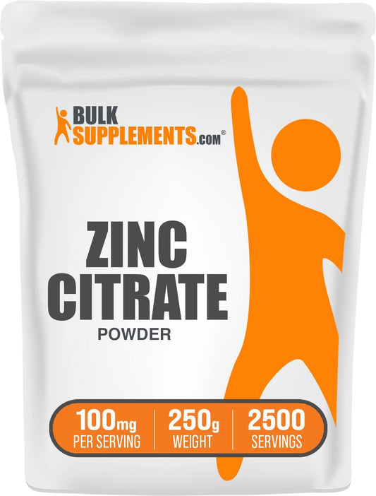 Zinc Citrate Powder 250g (8.8 oz) - Pure Zinc Supplements 30mg - Immune Support - Gluten Free - BulkSupplements