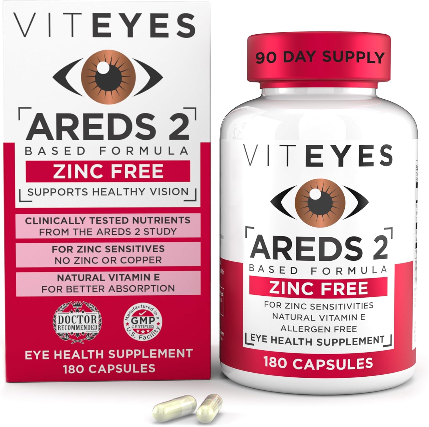 Zinc-Free Macular Support Capsules with Vitamin E, C, Lutein & Zeaxanthin - 180 Ct, Allergen-Free, Eye Doctor Recommended, USA-Made