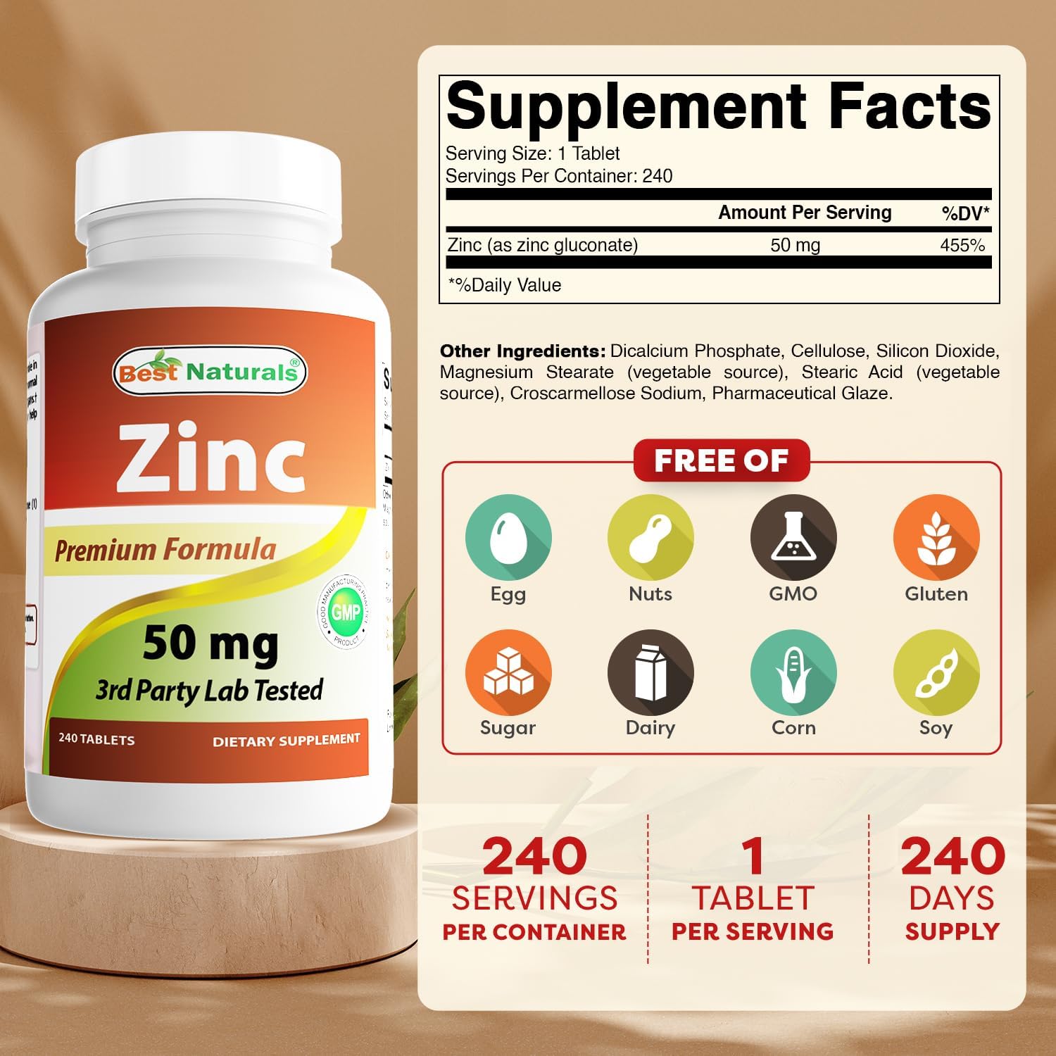 Zinc Gluconate 50mg Supplement 720 Tablets - Pack of 3 for Immune Support