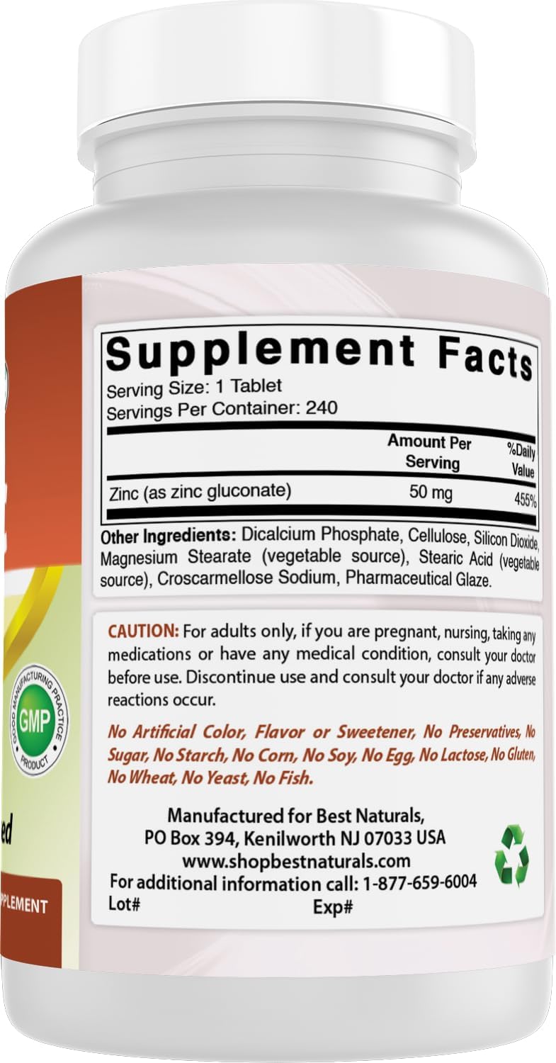 Zinc Gluconate 50mg Supplement 720 Tablets - Pack of 3 for Immune Support