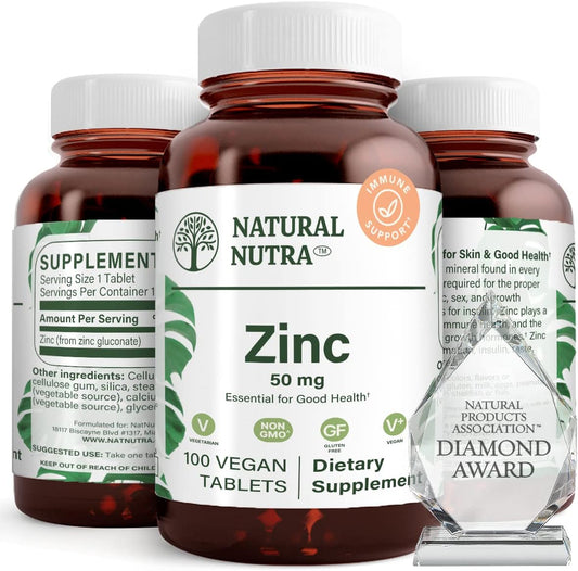 Zinc Gluconate 50mg Supplement for Immune Support, Skin Health, Flu Relief, Memory Boost - 100 Vegan Tablets