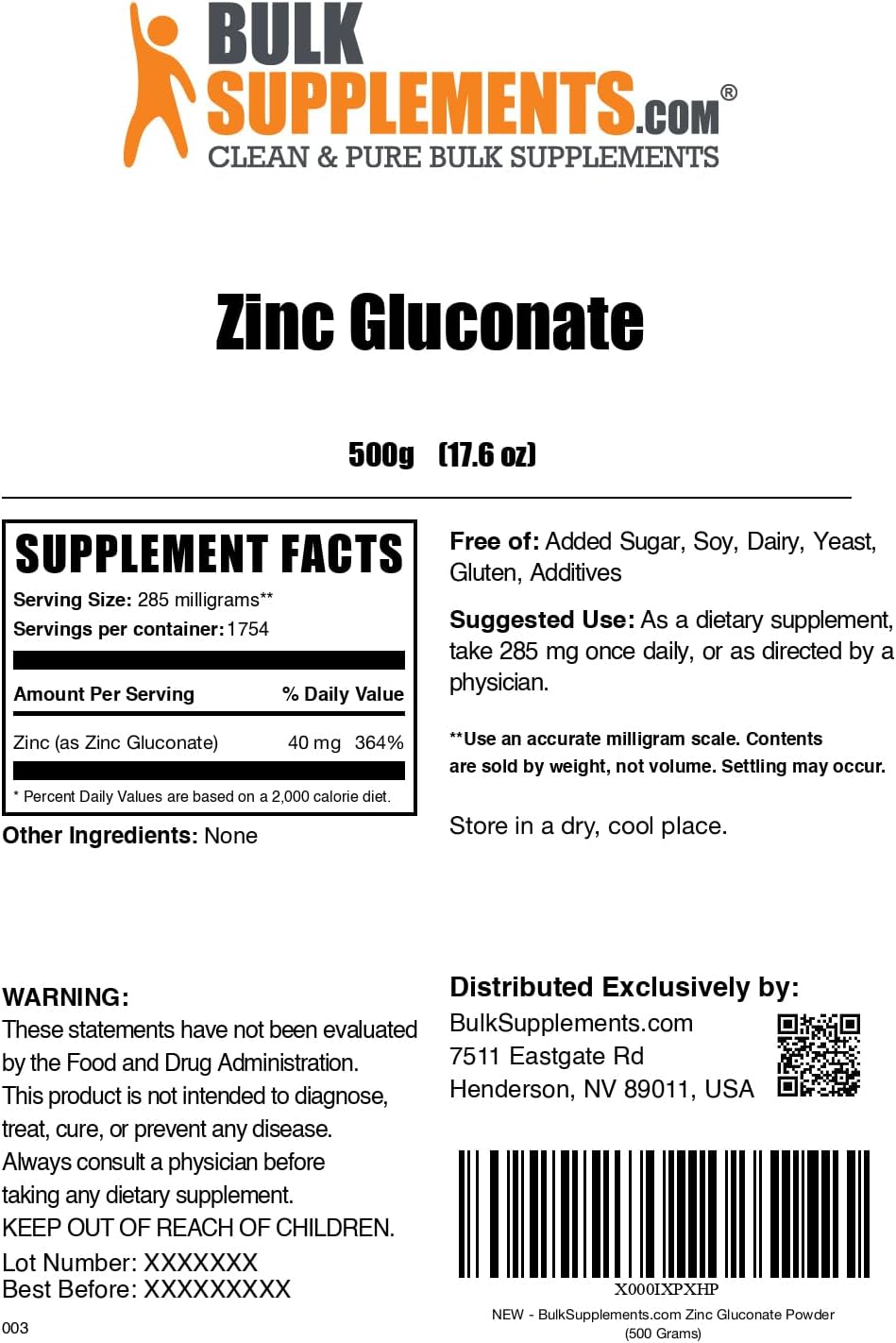 Zinc Gluconate Powder for Immune Support - 40mg Zinc Supplement - Gluten Free, 500g (1.1 lbs) - Bulk Size
