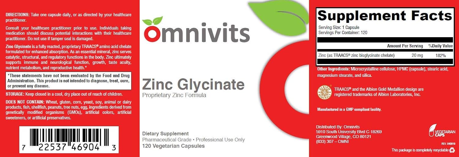 Zinc Glycinate Chelate Capsules - 20mg for Immune Support & Antioxidant Boost - 120 Vegetarian Capsules by Omnivits