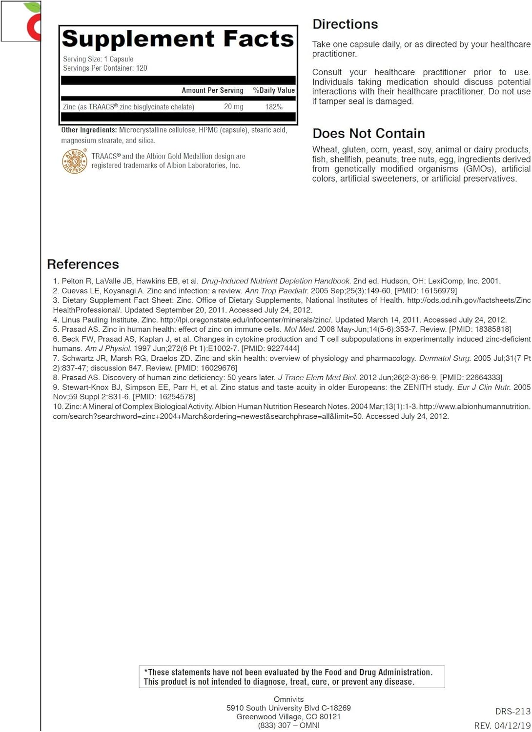 Zinc Glycinate Chelate Capsules - 20mg for Immune Support & Antioxidant Boost - 120 Vegetarian Capsules by Omnivits