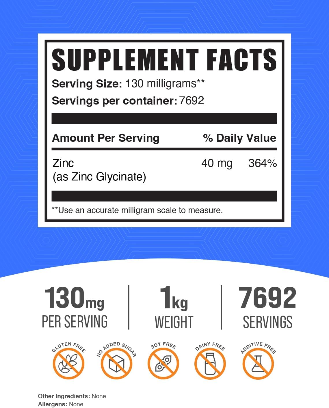Zinc Glycinate Powder Supplement - Immune Support, 40mg Zinc, Gluten Free, 130mg per Serving, 1kg - Bulk Size