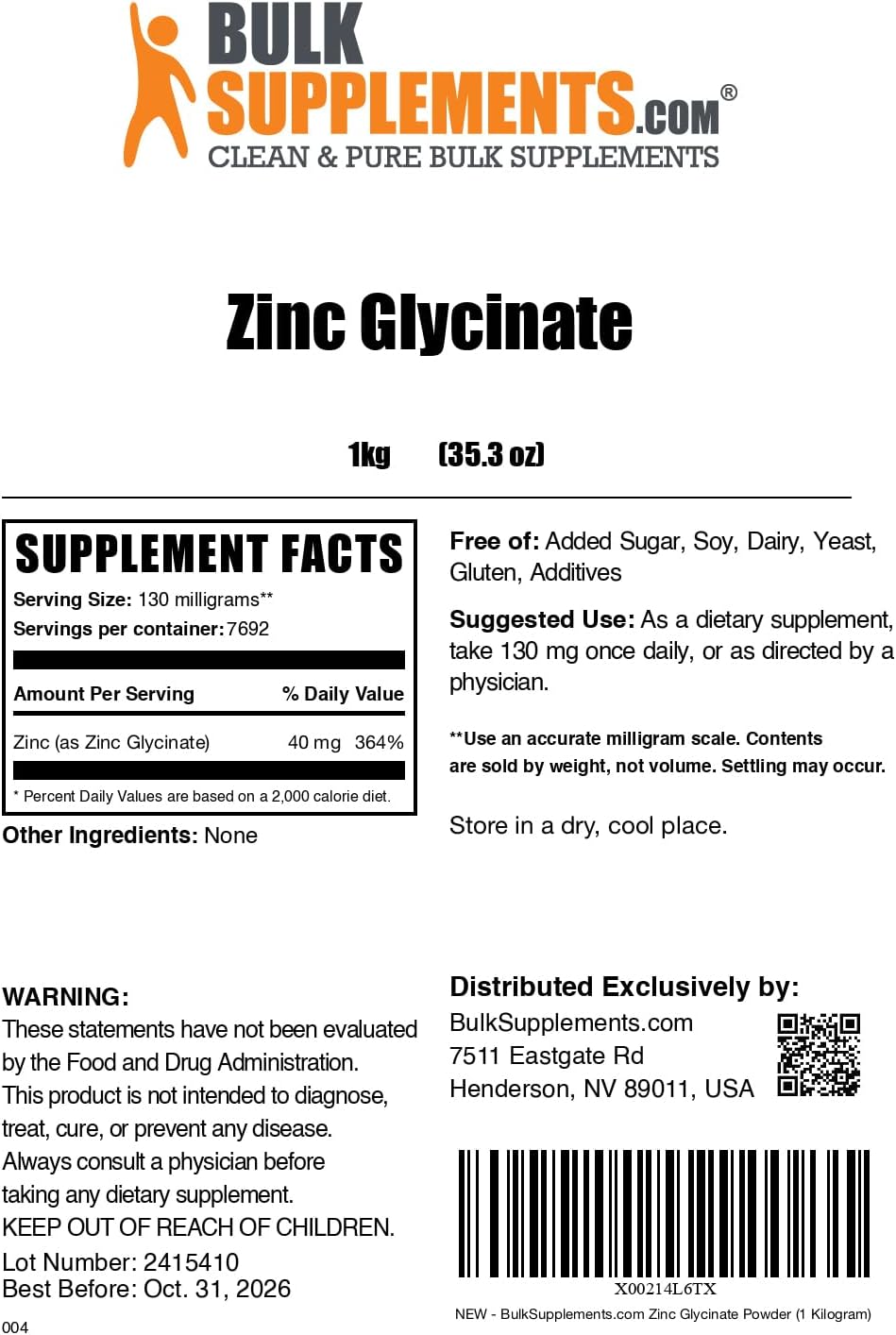 Zinc Glycinate Powder Supplement - Immune Support, 40mg Zinc, Gluten Free, 130mg per Serving, 1kg - Bulk Size
