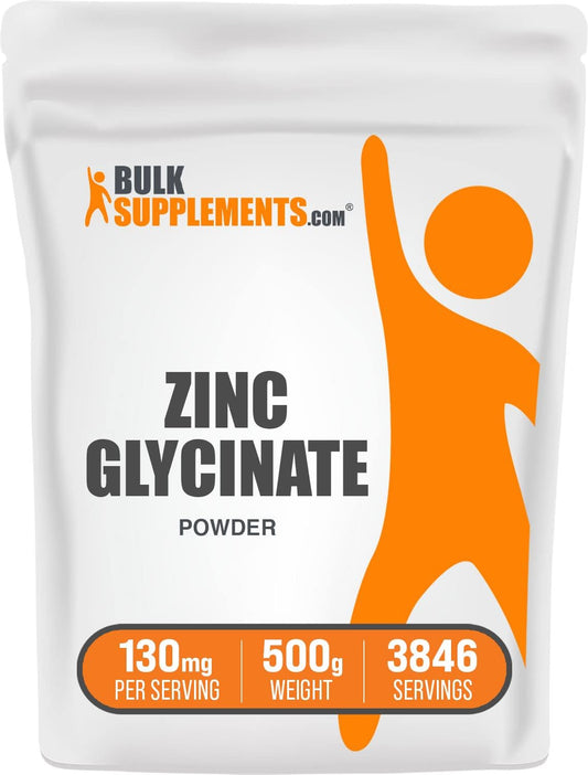 Zinc Glycinate Powder Supplement for Immune Support - 40mg of Zinc - Gluten Free - 500g (1.1 lbs) - Pack of 1 - BulkSupplements