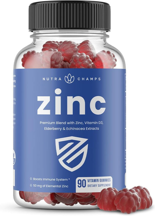 Zinc Gummies with Vitamin D3, Elderberry & Echinacea - 50mg Chewable Supplement for Immune, Heart & Brain Support - 90 Count