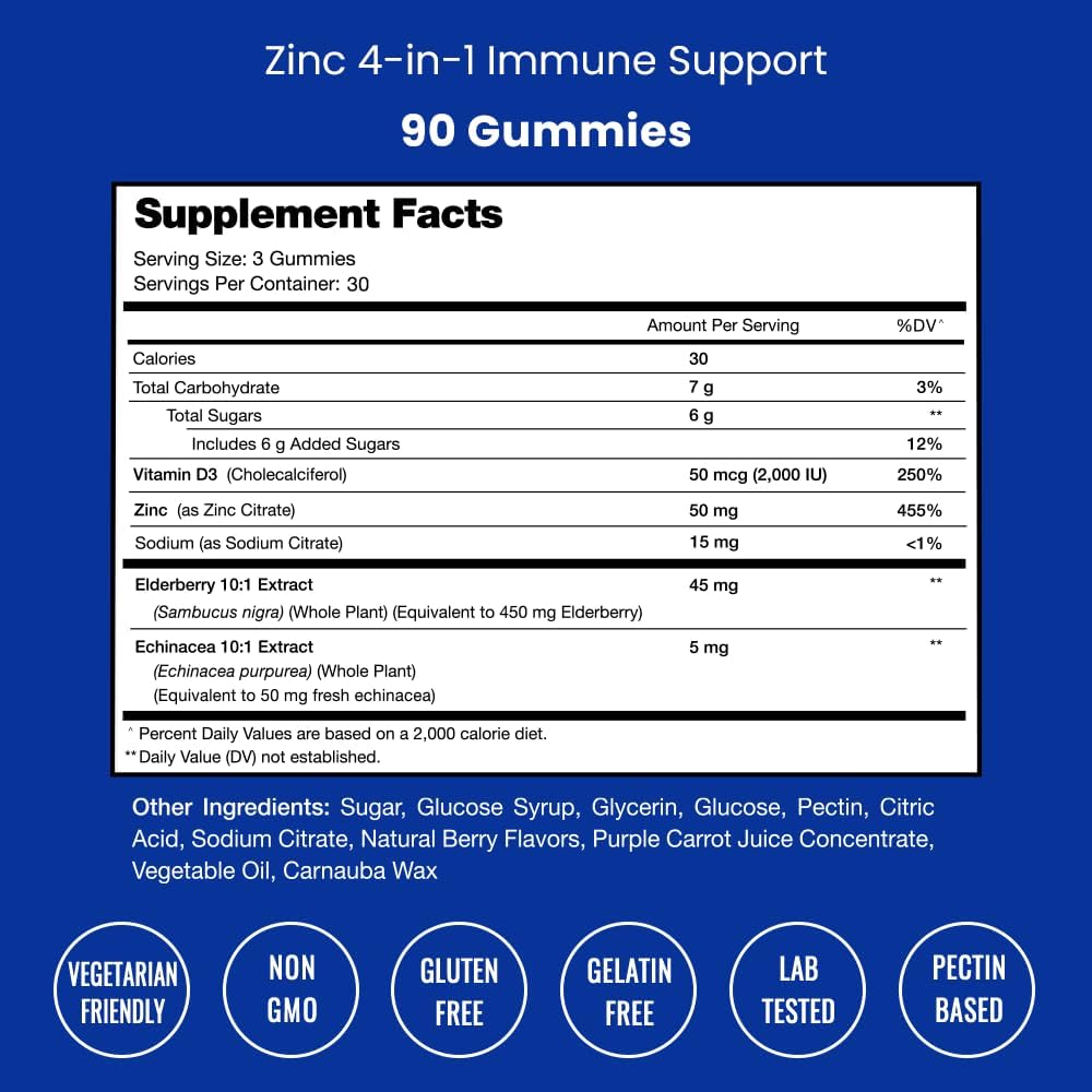 Zinc Gummies with Vitamin D3, Elderberry & Echinacea - 50mg Chewable Supplement for Immune, Heart & Brain Support - 90 Count