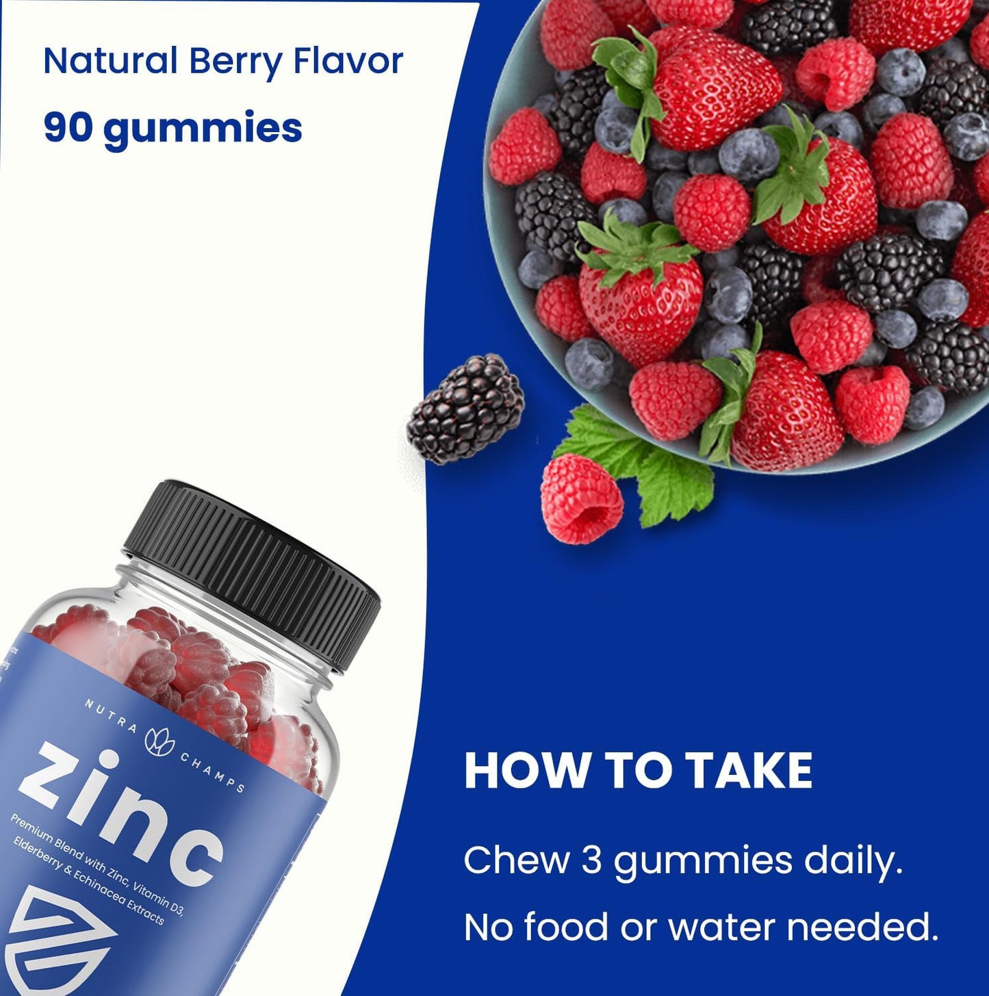 Zinc Gummies with Vitamin D3, Elderberry & Echinacea - 50mg Chewable Supplement for Immune, Heart & Brain Support - 90 Count