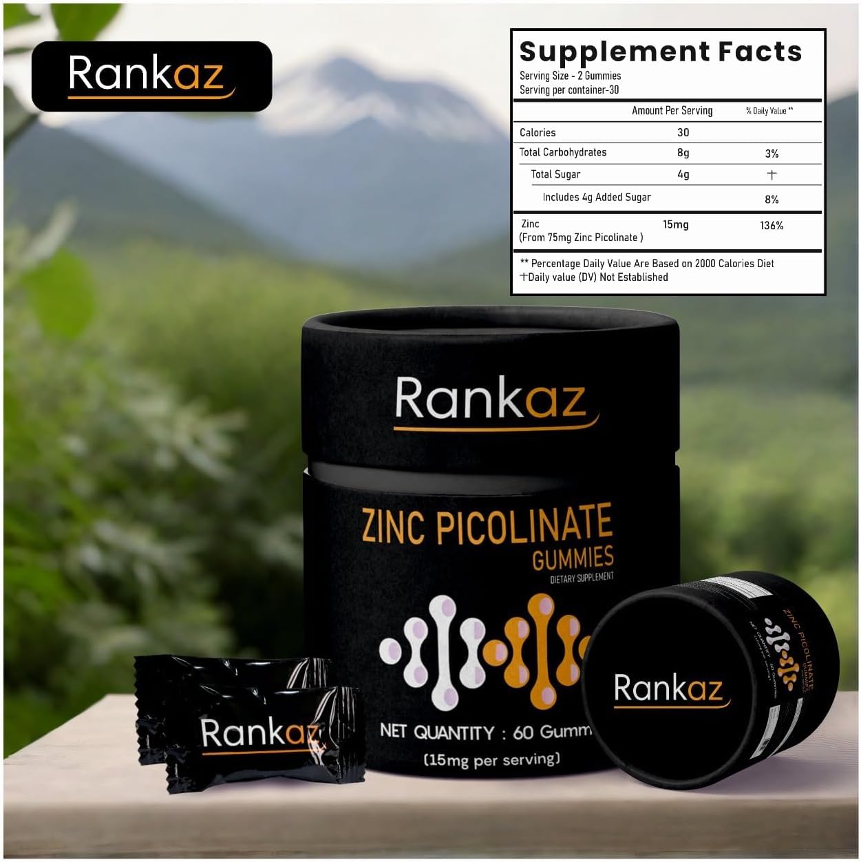 Zinc Picolinate 15 mg Chewable Gummies for Immune System and Hormone Support - 60 Servings for Joint Health, Muscle Growth, and Wound Healing