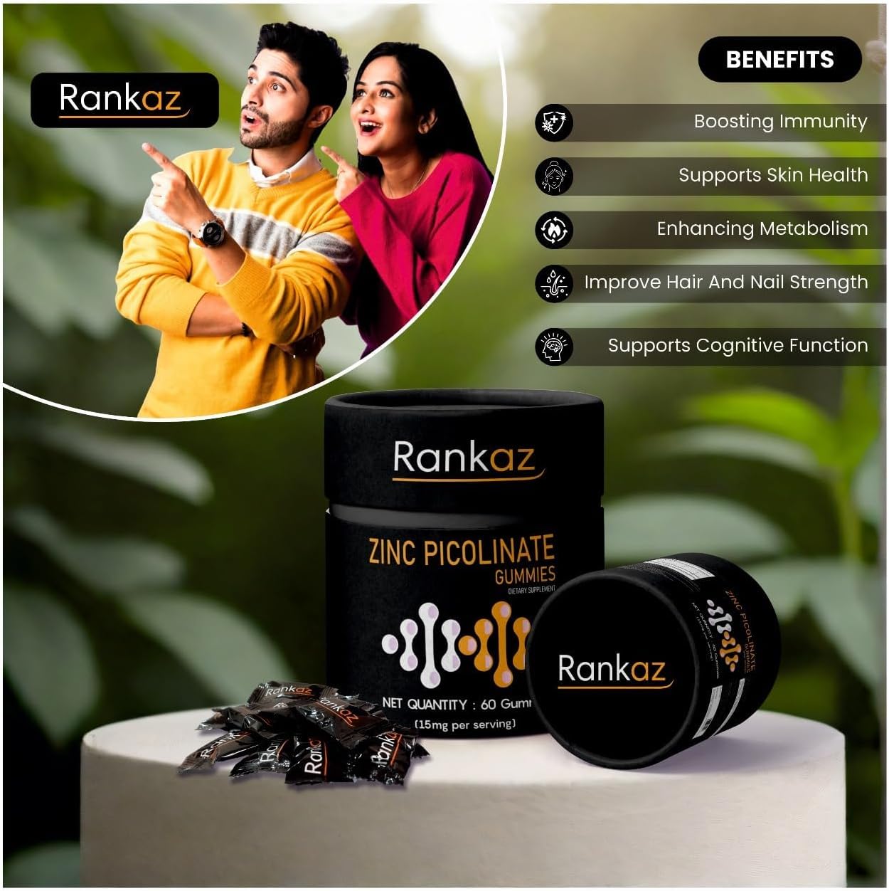 Zinc Picolinate 15 mg Chewable Gummies for Immune System and Hormone Support - 60 Servings for Joint Health, Muscle Growth, and Wound Healing