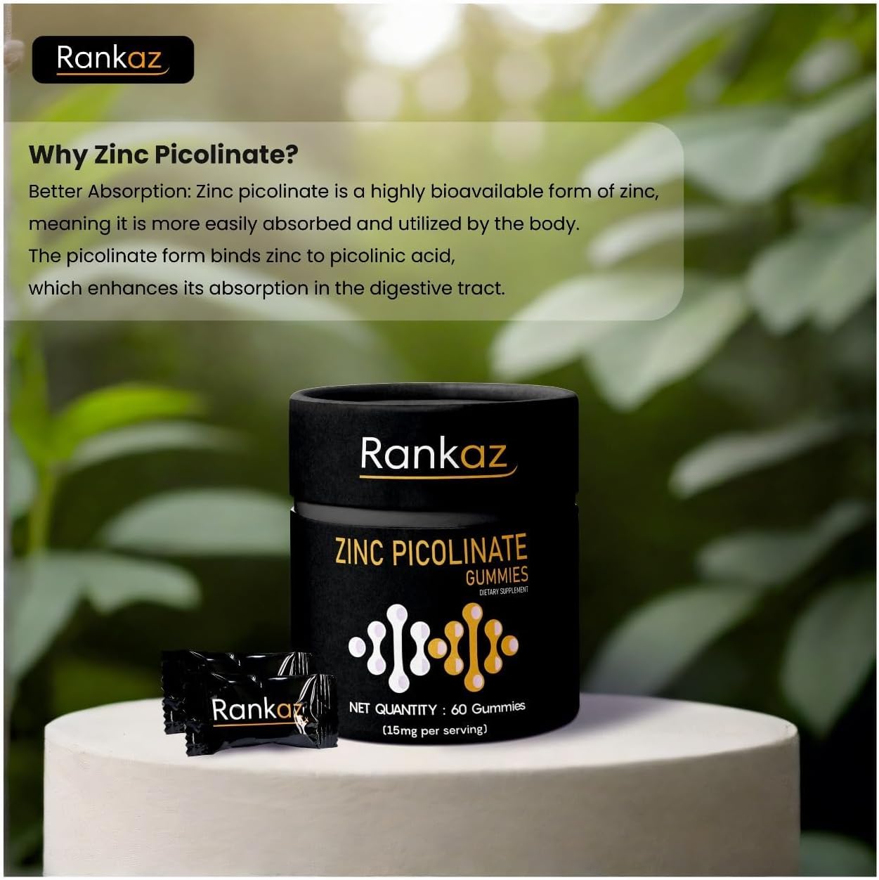 Zinc Picolinate 15 mg Chewable Gummies for Immune System and Hormone Support - 60 Servings for Joint Health, Muscle Growth, and Wound Healing