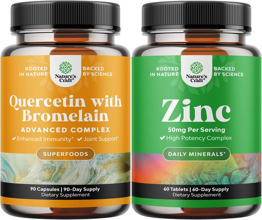Zinc & Quercetin with Bromelain Immune Support Bundle - Promotes Nail, Skin, & Joint Health - Boosts Immunity, Brain, Lung, & Focus - Natural Health Supplements
