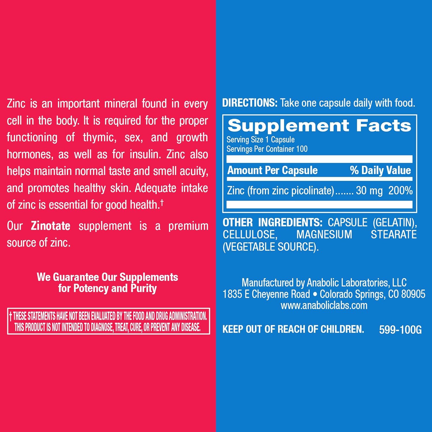 Zinotate Zinc Picolinate Supplements 30mg - 100 Capsules for Bone, Immune, Growth & Senses - Men & Women's Zinc Supplement